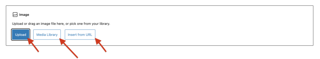 A screenshot of WordPress page showing the image block and highlighting the three options to upload an image.